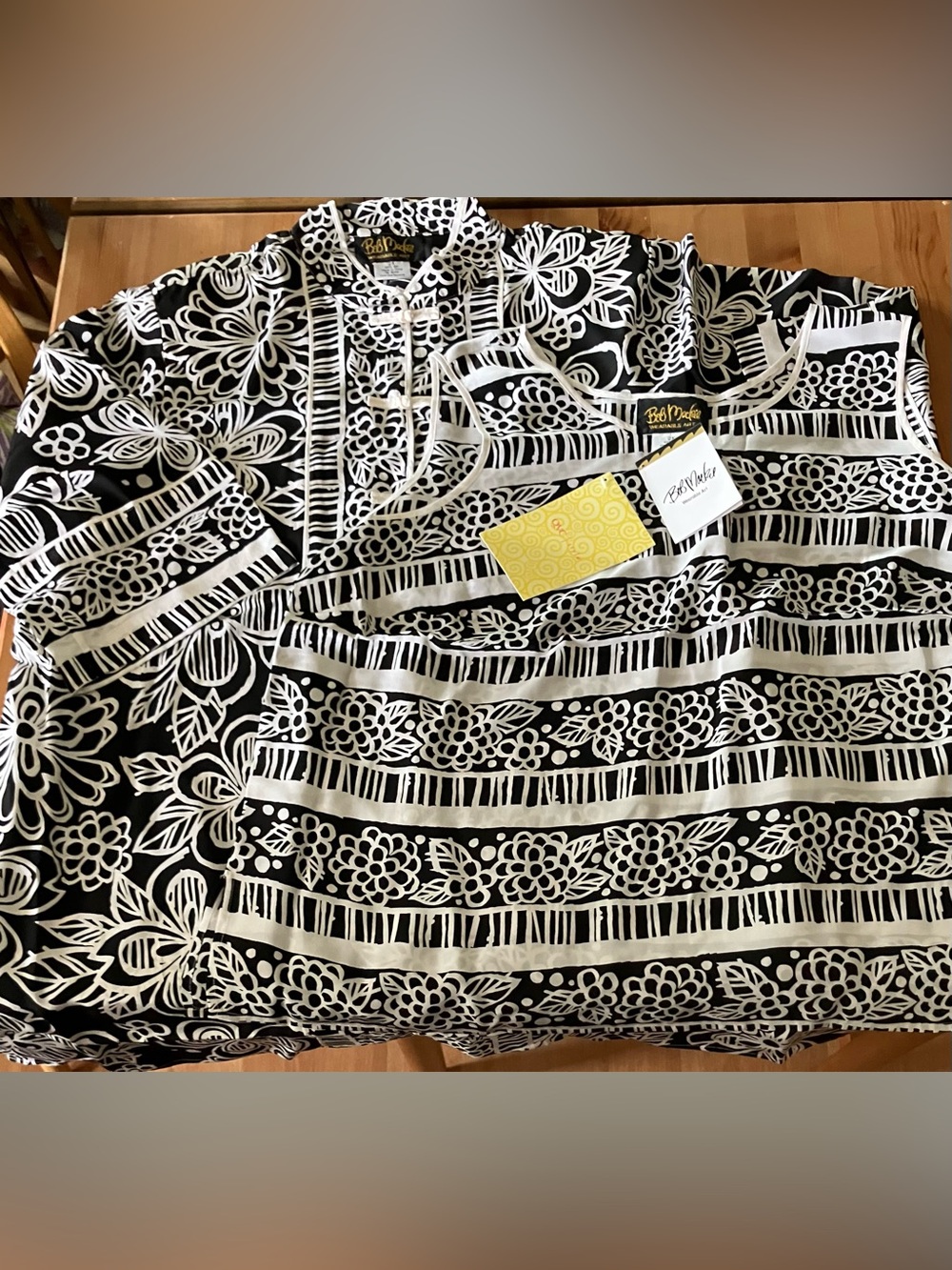 NEW Bob Mackie Wearable Art Silk Black and White Floral-Stripe Two Pc Set 2X
